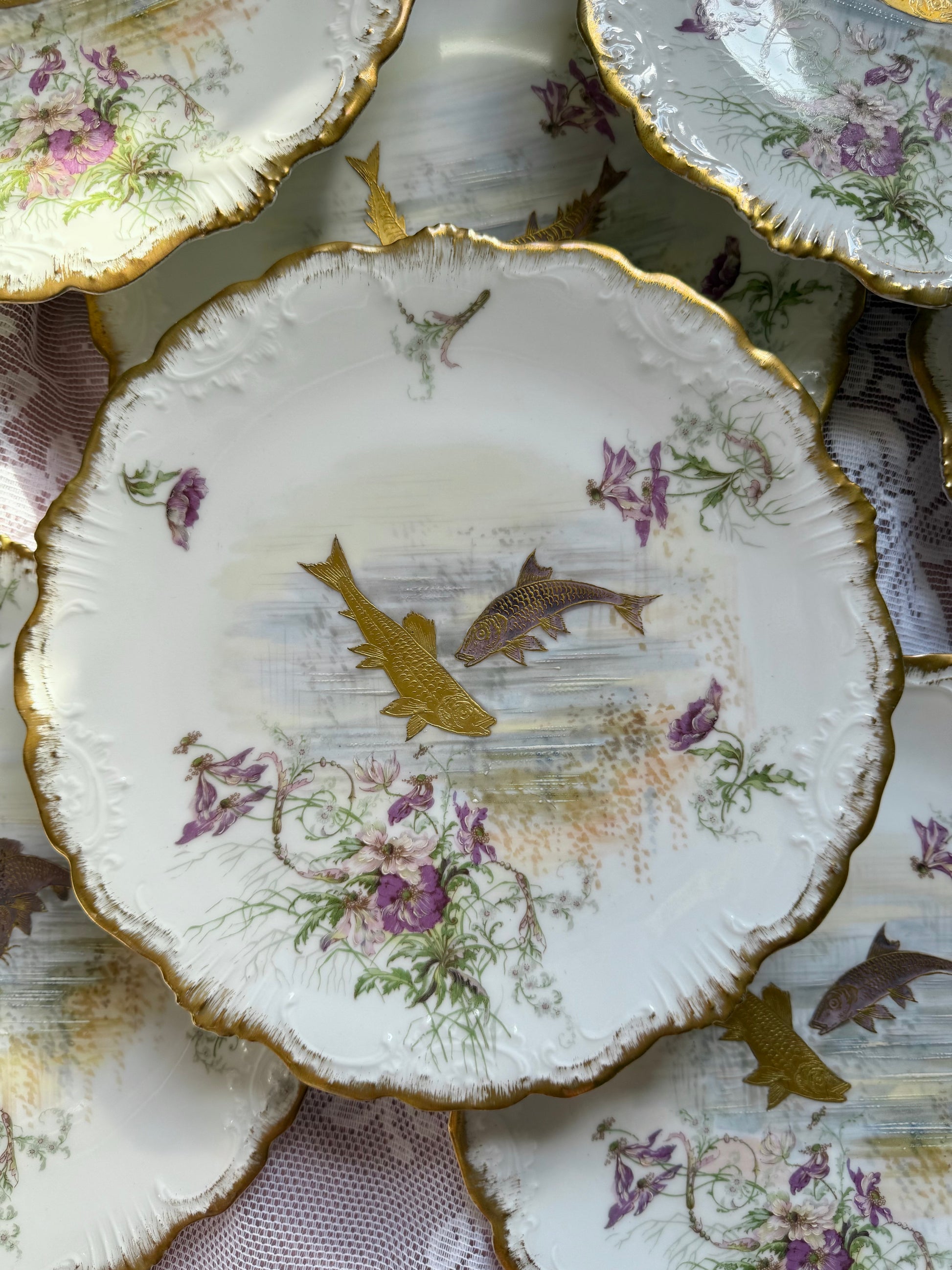 Antique Limoges Fish Plate Set