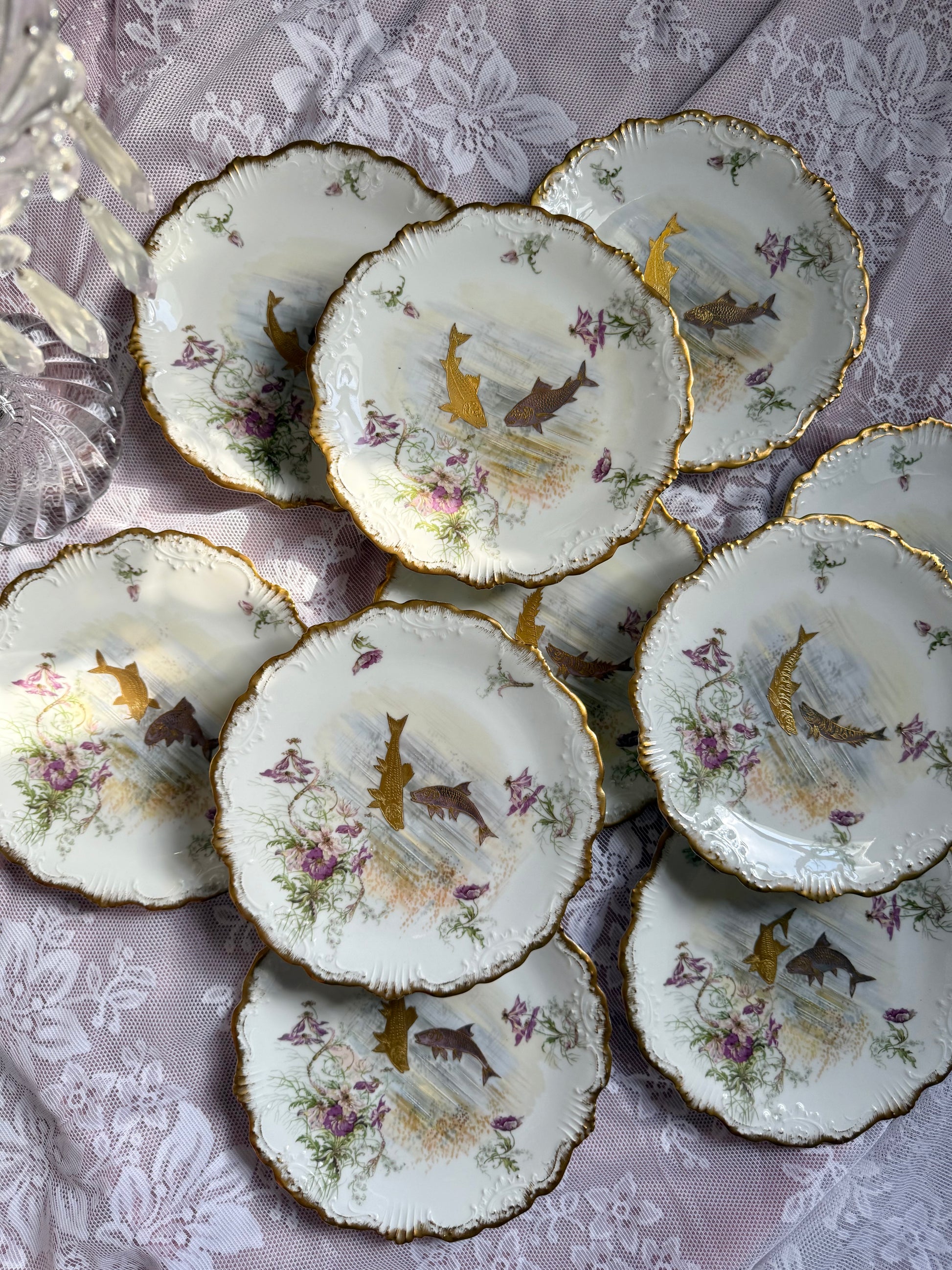 Antique Limoges Fish Plate Set