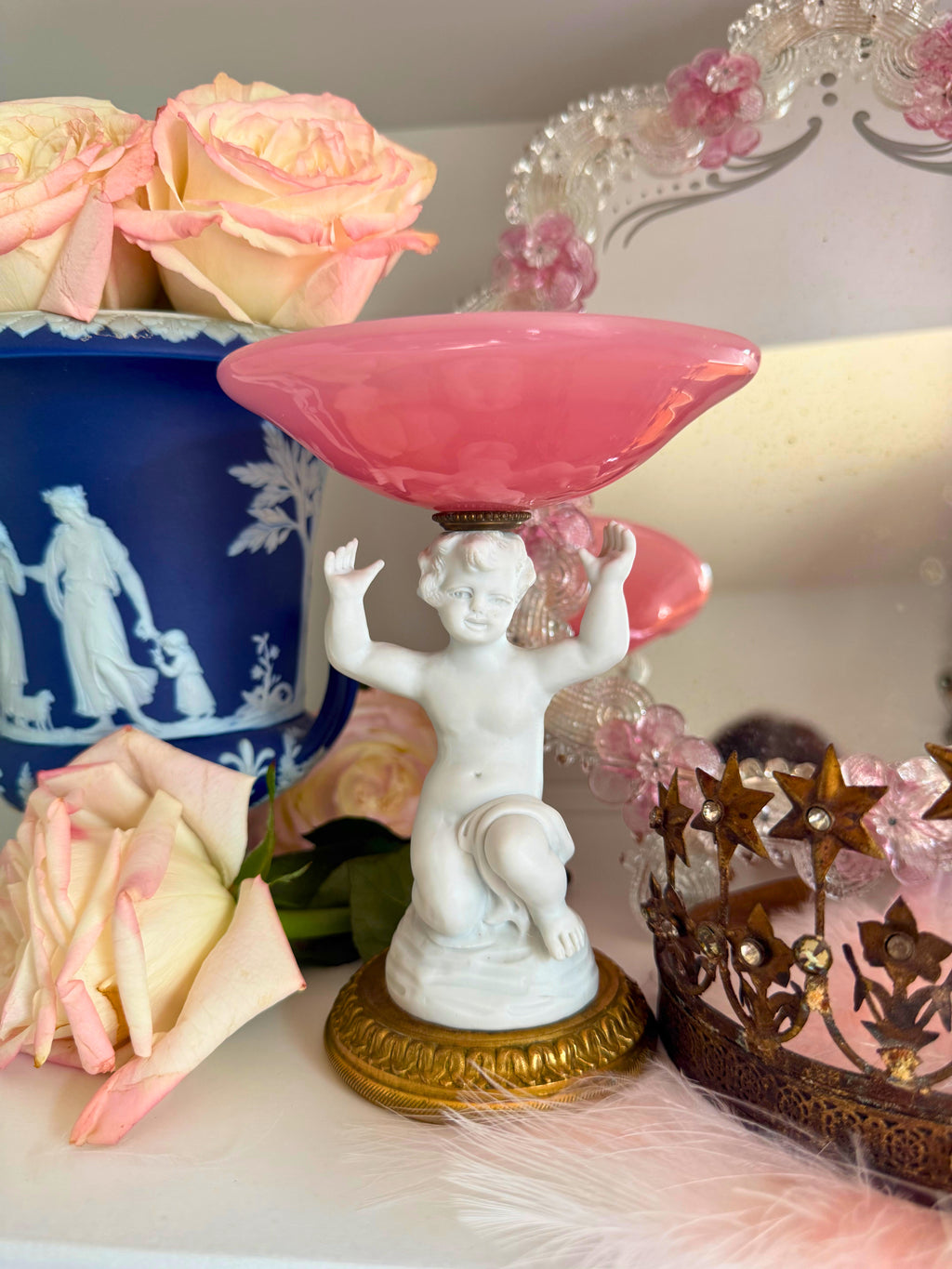 Pink Opaline Cherub Pedestal Dish