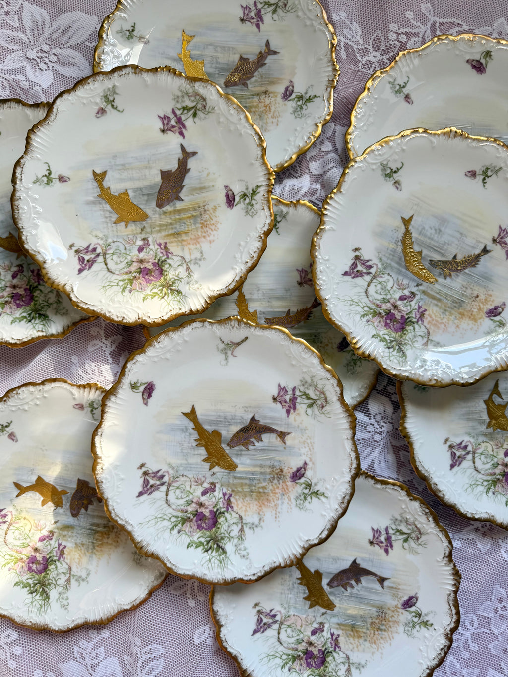 Antique Limoges Fish Plate Set