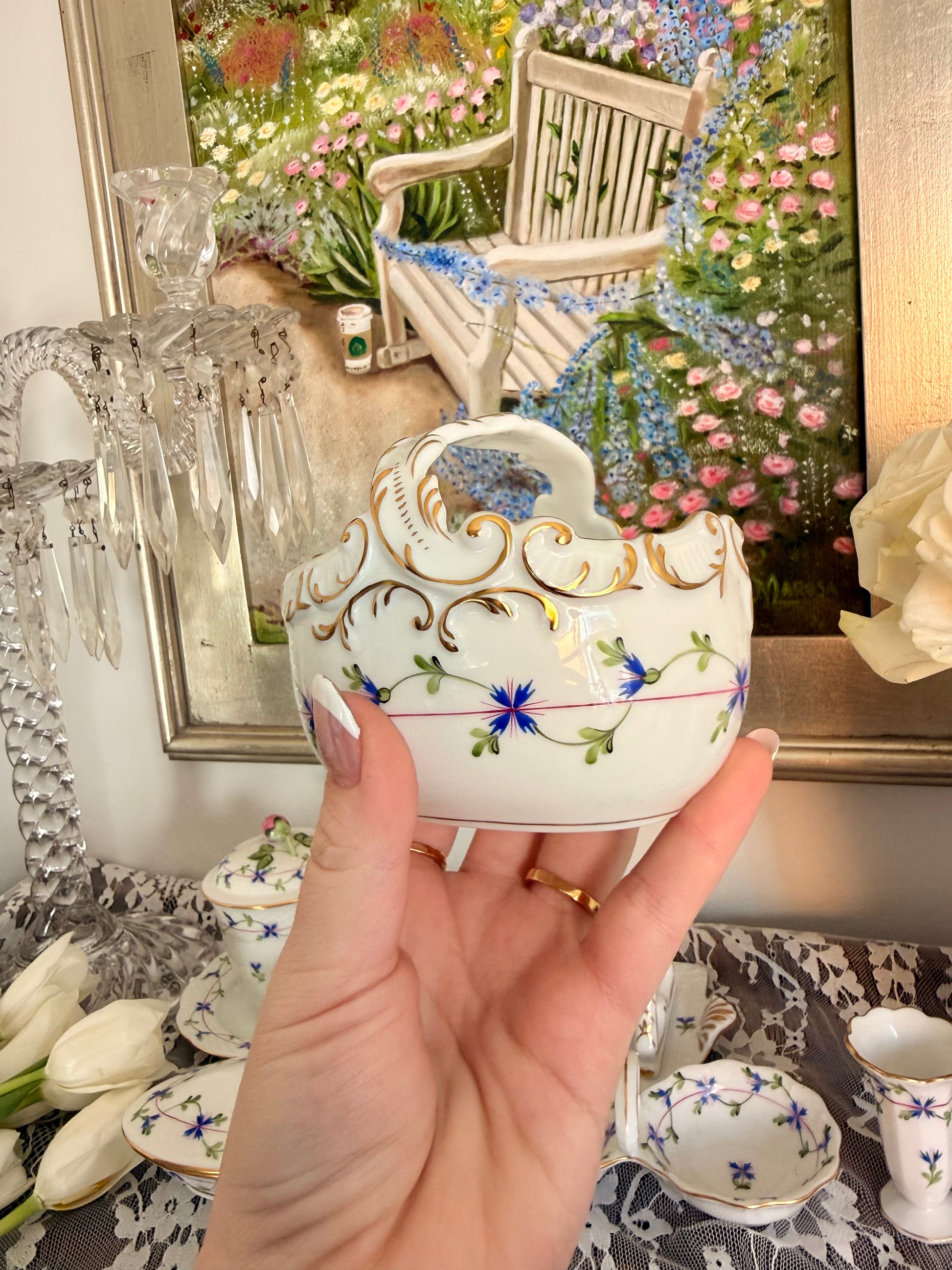 Herend Blue Garland Small Oval Basket with Handle