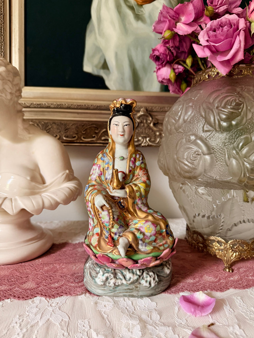 Antique Famille Rose Guanyin Porcelain Statue