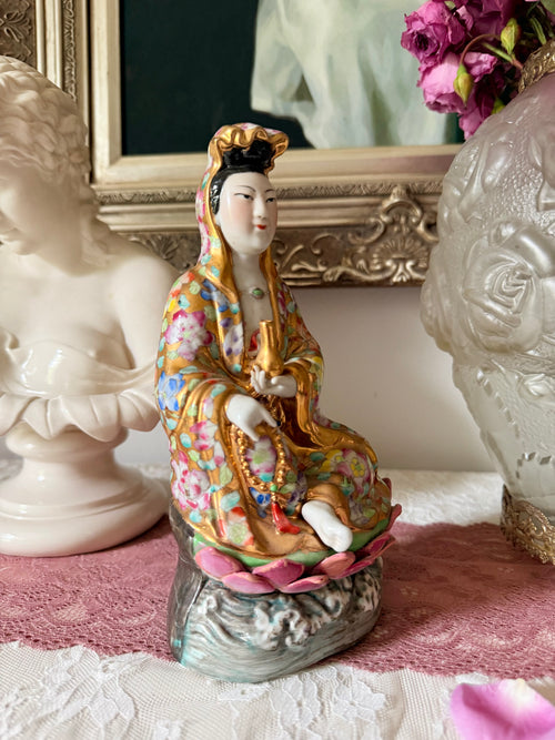 Antique Famille Rose Guanyin Porcelain Statue