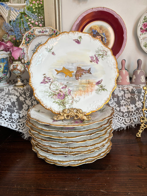 Antique Limoges Fish Plate Set