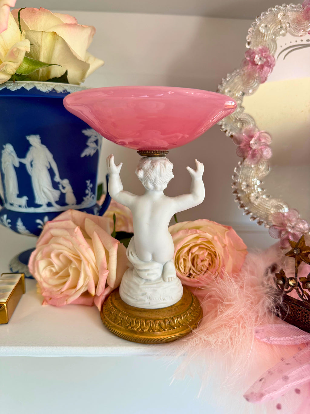 Pink Opaline Cherub Pedestal Dish